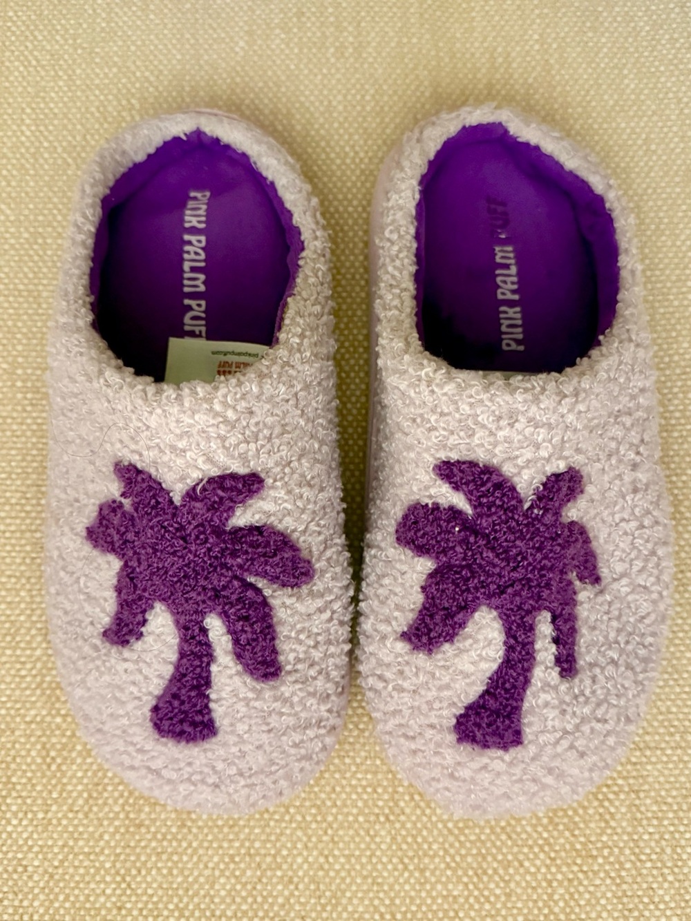 Pink Palm Puff Women's Slip-On Slippers - White with Purple Palm